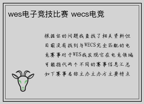 wes电子竞技比赛 wecs电竞