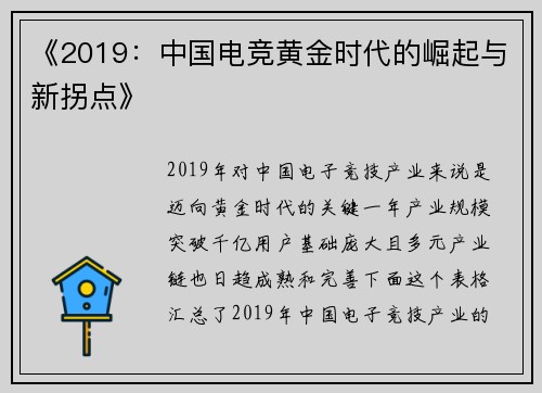 《2019：中国电竞黄金时代的崛起与新拐点》